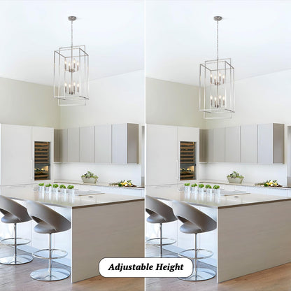 QAREHL High Ceiling Chandeliers for Foyer Brushed Nickel Chandelier for Entryway Modern Farmhouse 15.74’’ in Metal 8 Light Lantern Tiered Pendant Light for Dining Room Kitchen Island Hallway Stairway