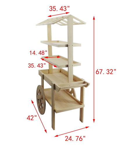 FixtureDisplays® Flower Cart Vending Cart Farmers Market County Fair Wagon Wood Stall Stand Rolling Shelf Retail Booth Kiosk 42.0" Long x 68" Tall x 25.0" Wide 19402