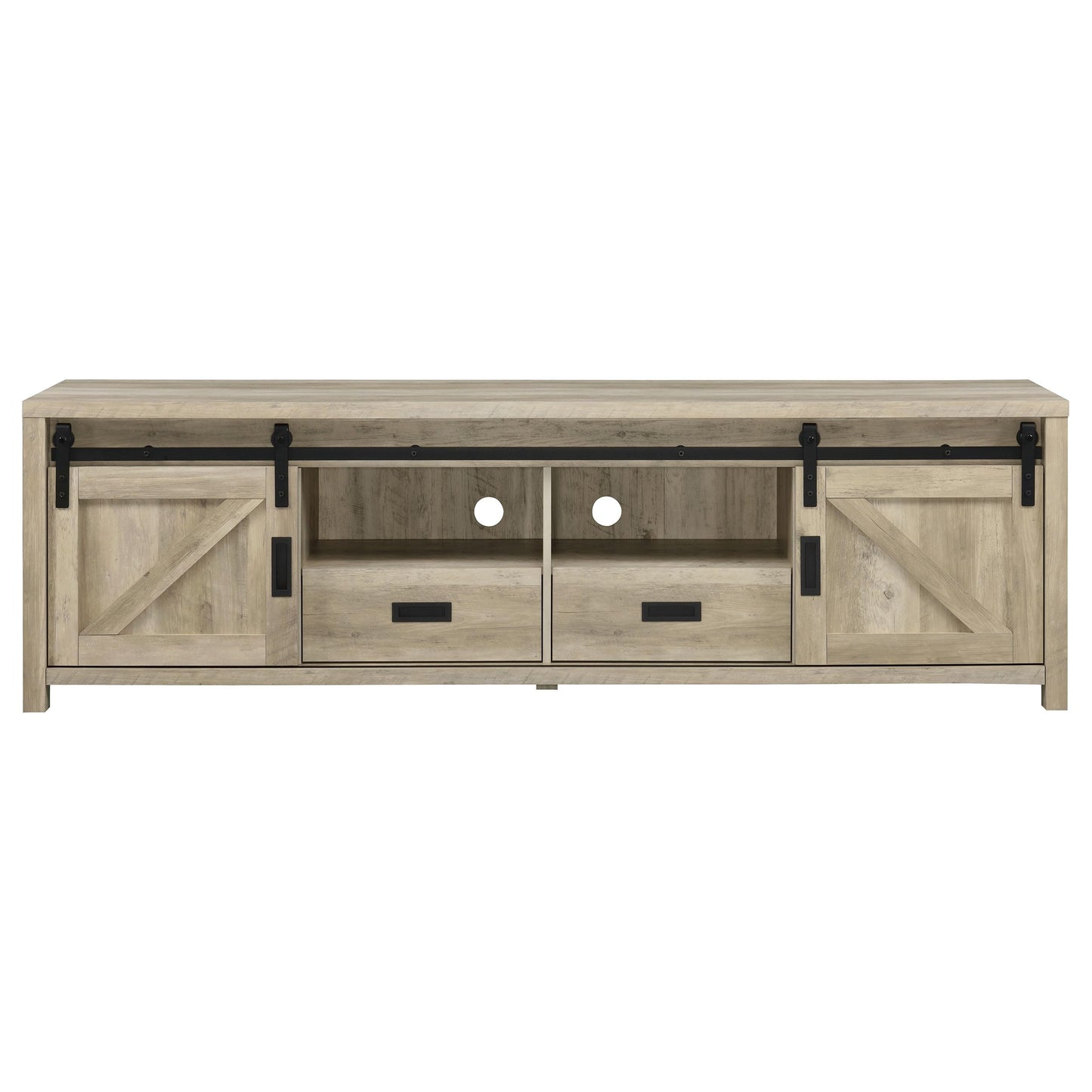 Coaster Home Furnishings - Madra - Engineered Wood - 79-Inch 2-Door TV Stand with Sliding Barn Doors, Open Shelves - Living Room - Distressed Pine - 736263
