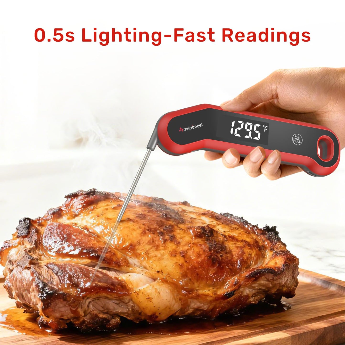 Meatmeet Digital Meat Thermometer - 0.5 Sec Instant Read Meat Thermometer Digital, Kitchen Thermometer Precise ±0.5℉, IP67 Waterproof, Large Bright LED Display, for BBQ/Grill/Cooking/Candy (S1)