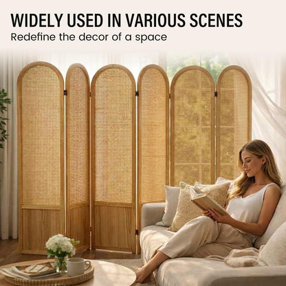 6 Panel Room Divider and Folding Privacy Screen, 5.6 Ft Foldable Double Hinged Rattan Partition, Hand-Woven Rattan Room Divider Portable Wood Freestanding Wall Divider for Room Separation - Natural