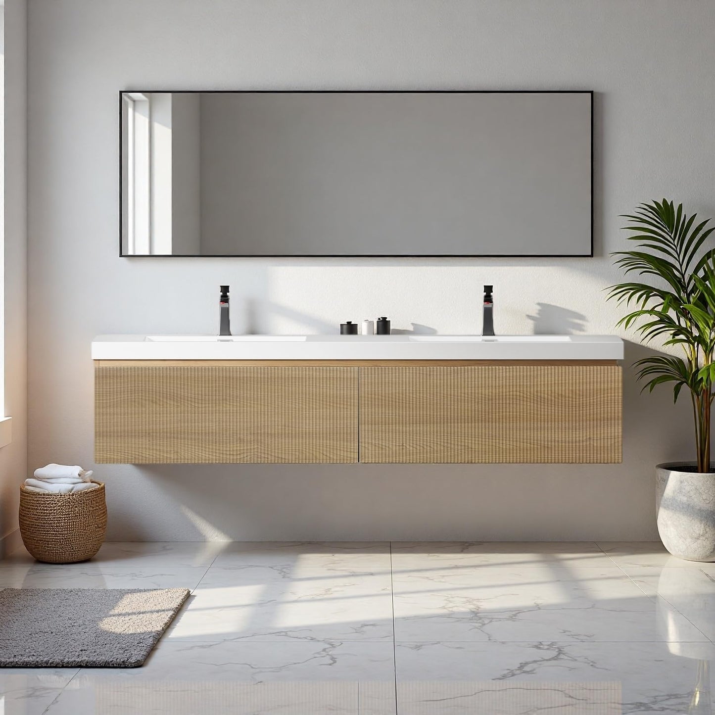 Trygoal 72'' Floating Bathroom Vanity with Sink, Wall-Mounted Bathroom Storage Cabinet with 2 Soft-Close Striped Drawers & Double Solid Surface Basins, Natural Oak Body with Internal Handle, Wood