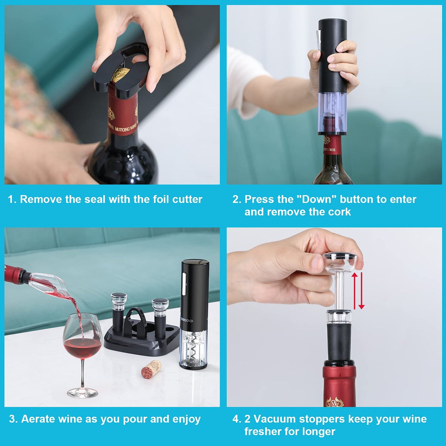 Moocoo Electric Wine Opener with Charging Base, Cordless Electric Wine Bottle Opener with 2-in-1 Aerator &Pourer, Foil Cutter, 2 Vacuum Preservation Stoppers, Display Charging Station for Easy Storage