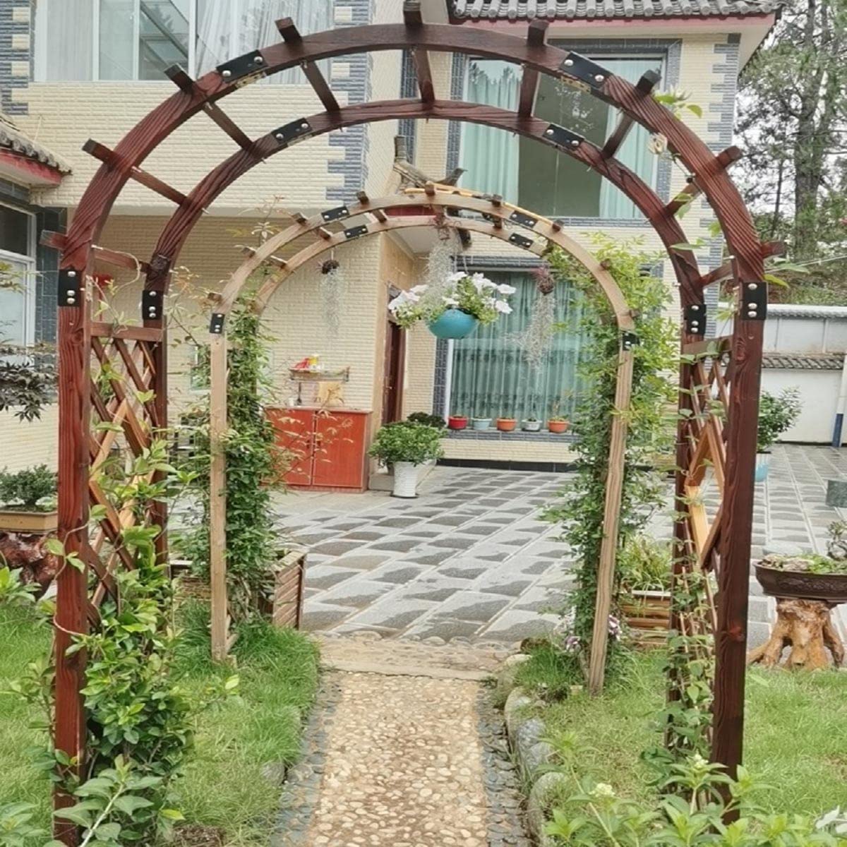 KUYBTU Rose Arch Arbour Trellis for Various Climbing Plant Wooden Sturdy Garden Arbor Weather Resistant Pergola Archway Backyard Decoration 120X50X217Cm/160X50X237Cm/208X50X261C-White-140x50x225cm