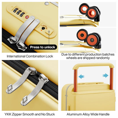 mixi Carry On Luggage Wide Handle Luxury Design Rolling Travel Suitcase PC Hardside with Aluminum Frame Hollow Spinner Wheels, with Cover, 20 inch, Lark Yellow