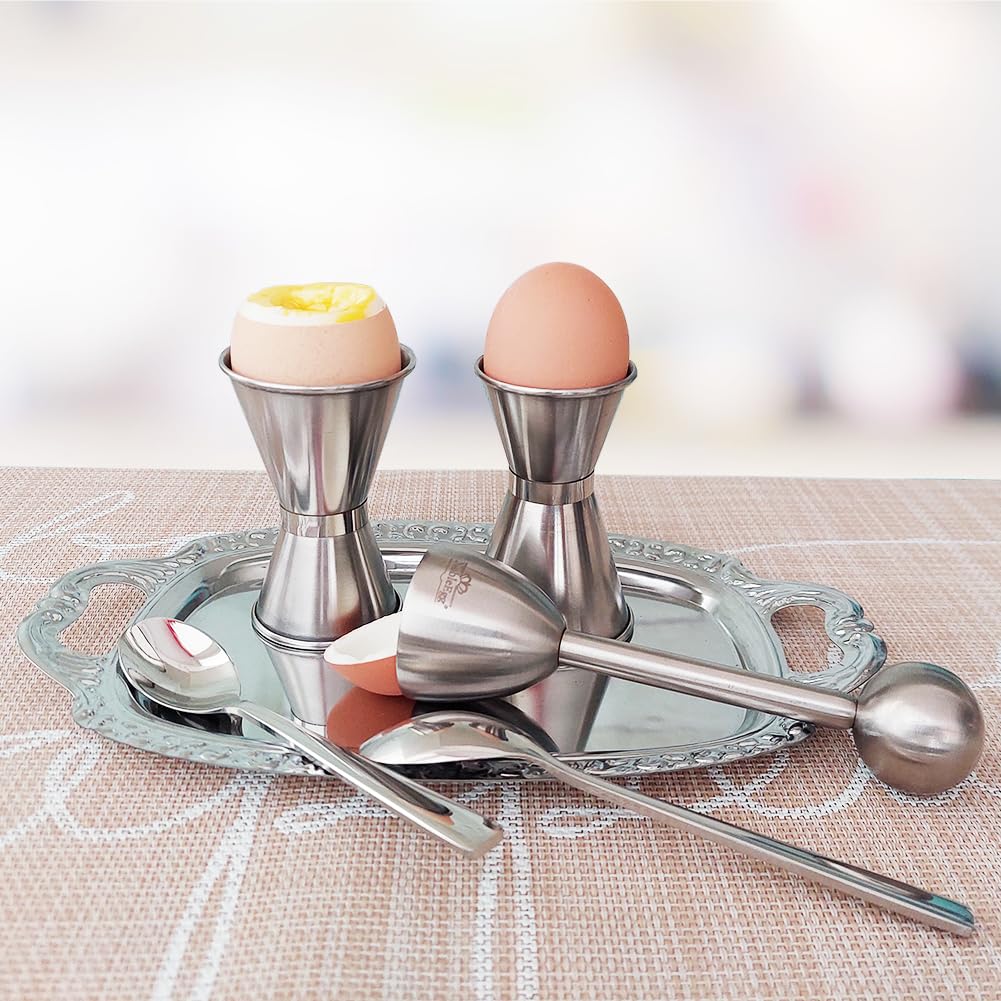 NobleEgg Egg Cups for Soft Boiled Eggs, All Sizes, Topper, Spoons, 18/8 Stainless Steel, Set for 2