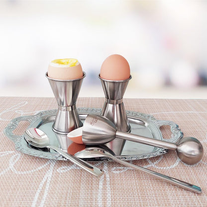 NobleEgg Egg Cups for Soft Boiled Eggs, All Sizes, Topper, Spoons, 18/8 Stainless Steel, Set for 2