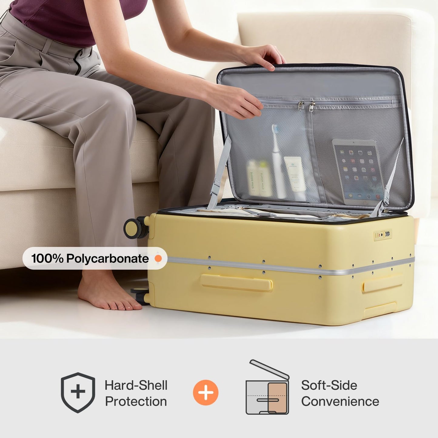 mixi 26 Inch Large Checked Luggage PC Hard Shell Suitcase Top Opening Aluminum Frame Travel Suitcases with Wheels, Lark Yellow