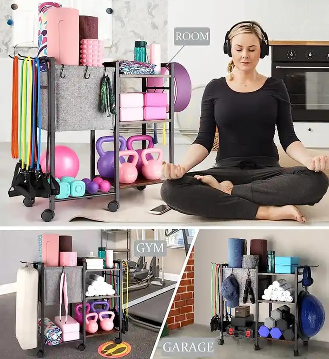KOMFGT Yoga Mat Holder Storage Rack, Yoga Mat Storage Racks for Dumbbells Kettlebells Foam Roller, with Hooks and Wheels,Black (White)