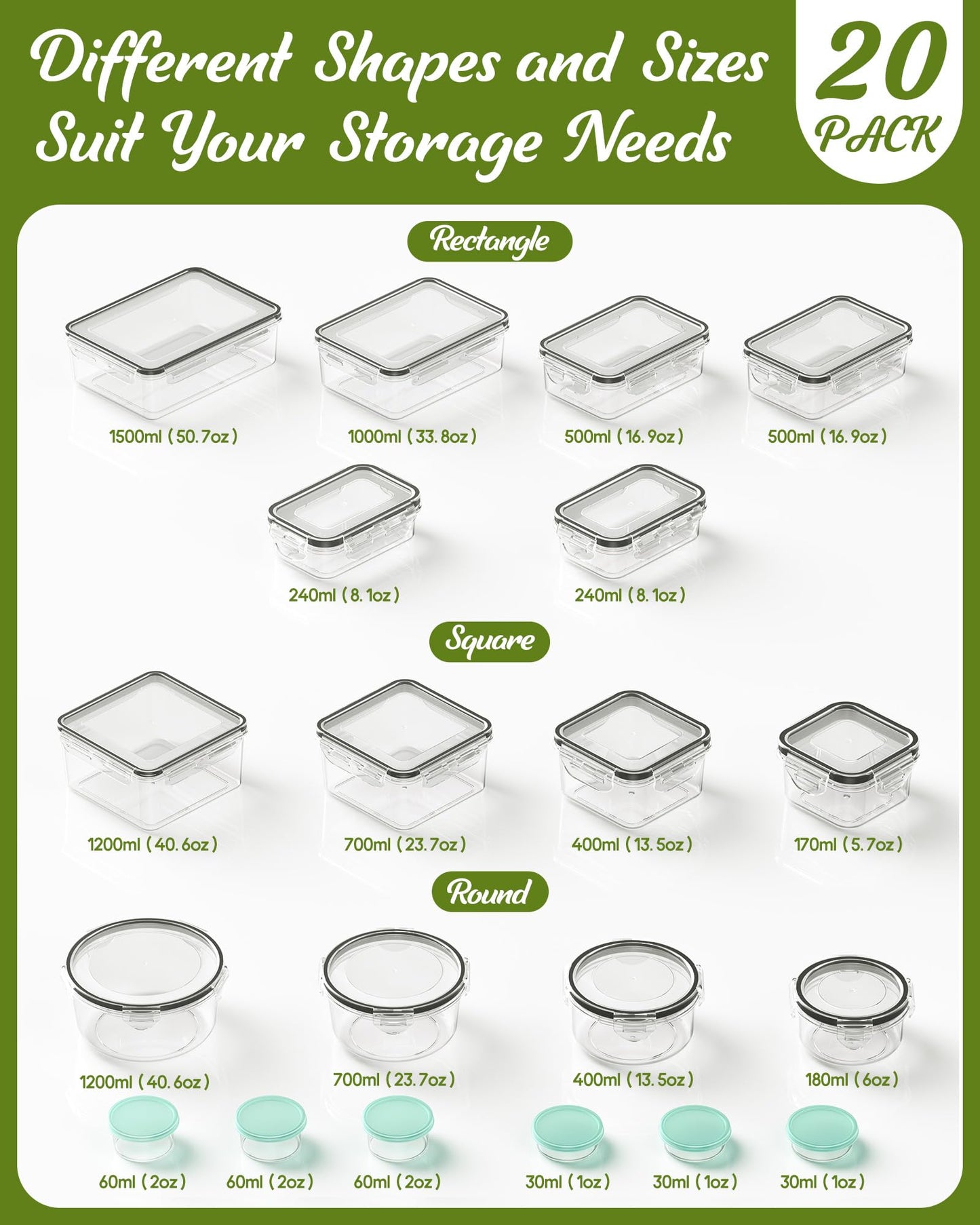 40 Piece Food Storage Containers with Lids(20 Containers & 20 Lids), BPA-Free Plastic Food Containers for Kitchen Storage and Organization, Leak Proof Meal Prep Container, Includes Labels & Pen