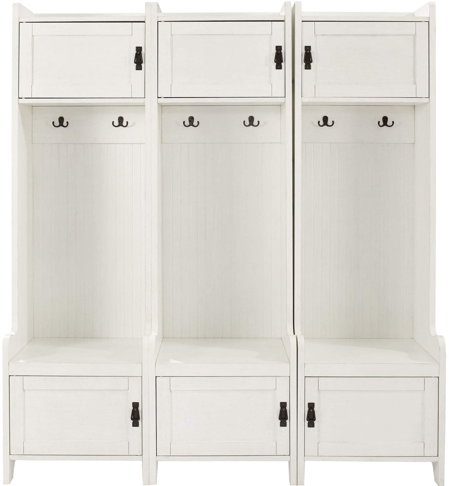 Crosley Furniture Fremont 3-Piece Hall Tree Entryway Set with Storage Cabinets and Coat Rack Hooks, Distressed White