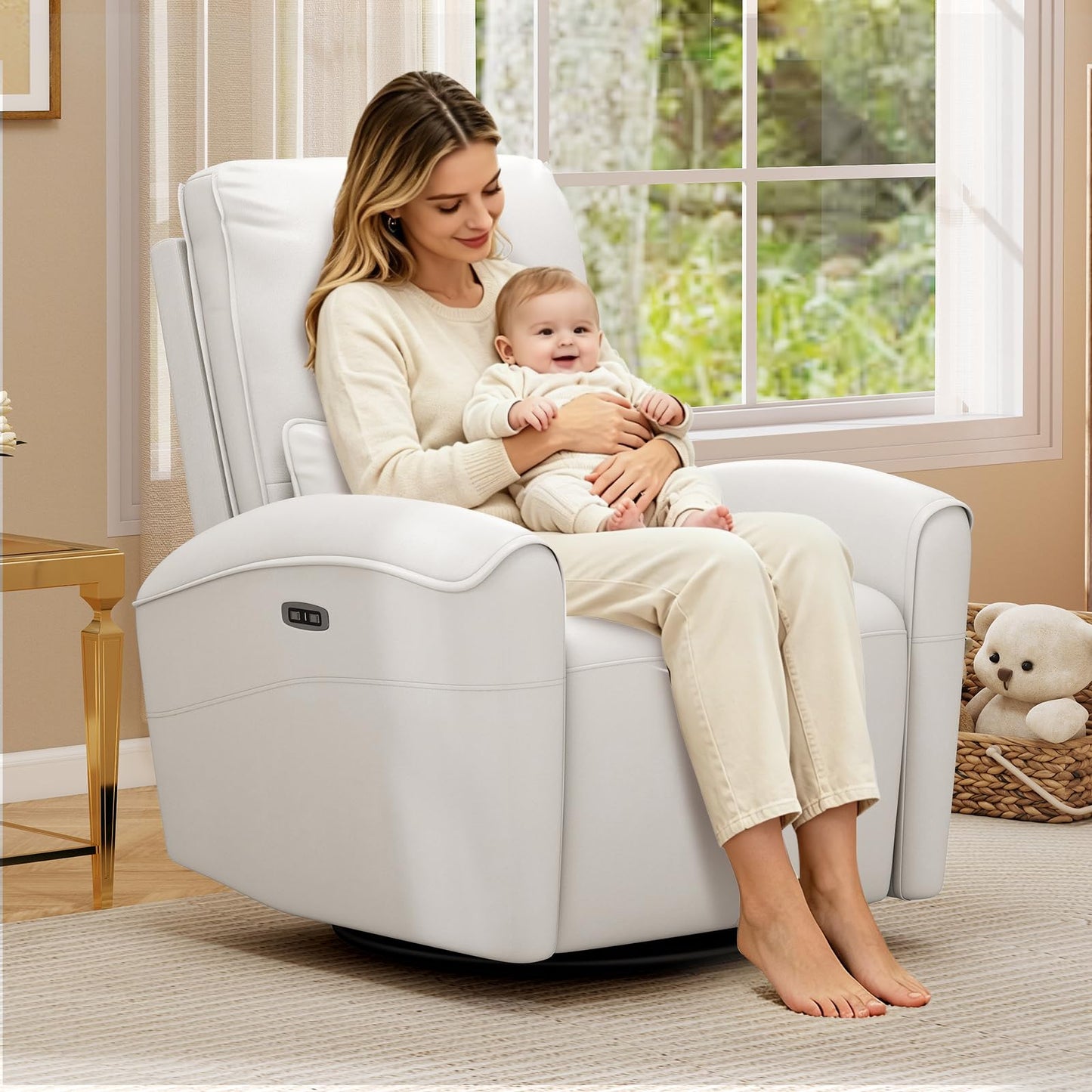 Bonzy Home Power Swivel Rocker Recliner Chair with USB Port, 23.2" Wide Seat, Fixed Lumbar Support, Upholstered Glider Chair for Nursery Living Room, Beige