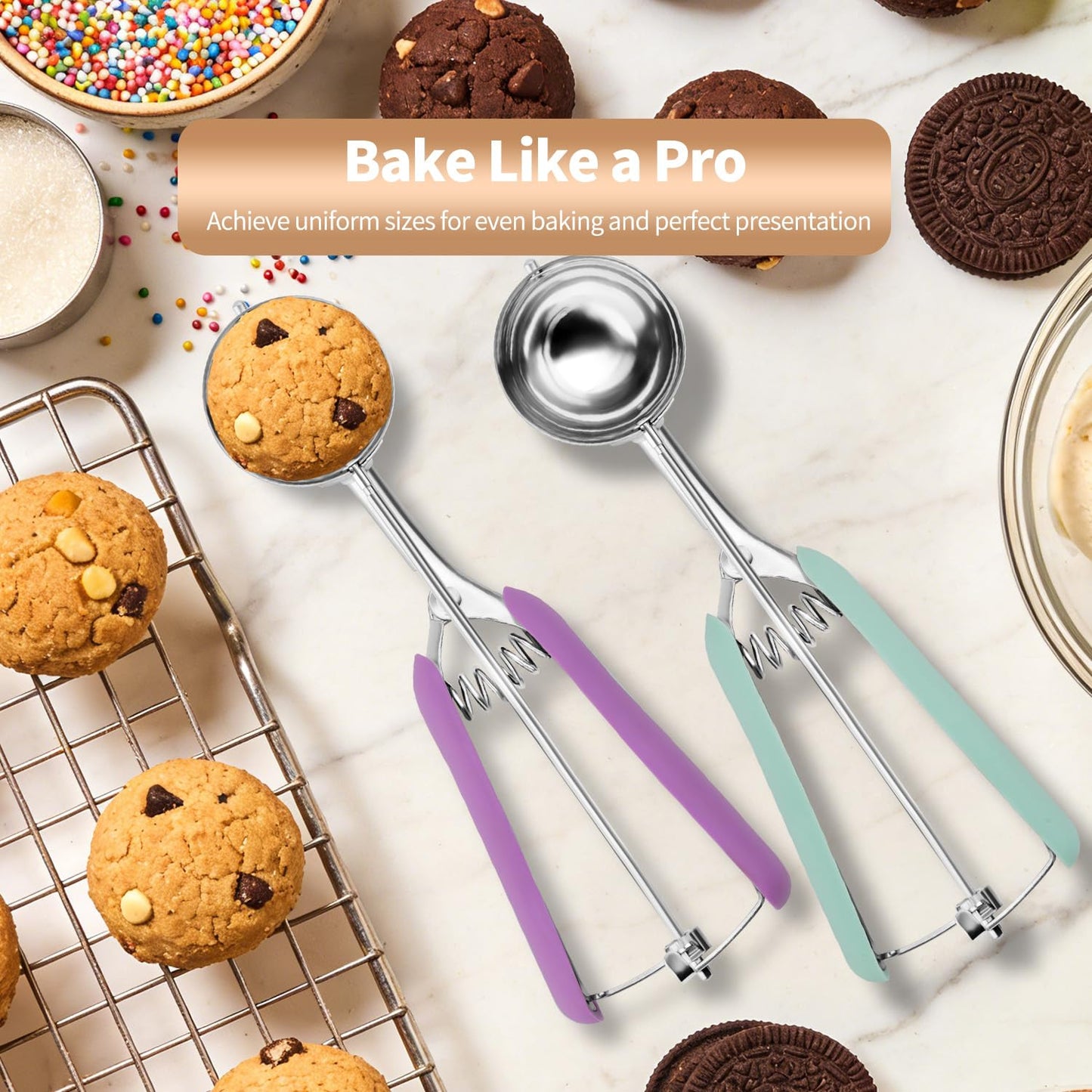 2Pcs Cookie Scoop Set, 18/8 Stainless Steel Cookie Dough Scoops with Lavender & Mint Green Ergonomic Handles, Professional Metal Scooper for Baking, Ice Cream & Cupcakes, 2 Tbsp&3 Tbsp
