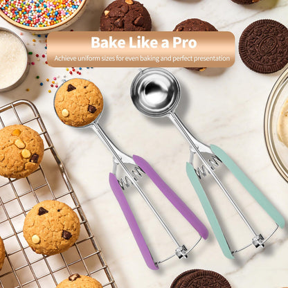 2Pcs Cookie Scoop Set, 18/8 Stainless Steel Cookie Dough Scoops with Lavender & Mint Green Ergonomic Handles, Professional Metal Scooper for Baking, Ice Cream & Cupcakes, 2 Tbsp&3 Tbsp