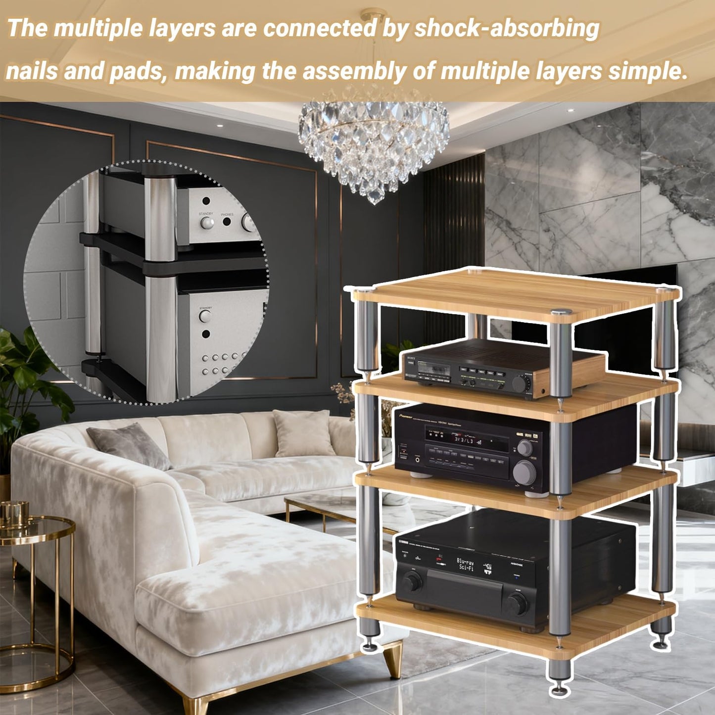 ZUGIATP HiFi 3 Tier AV Media Stand Wood Shelf Record Player Stand Stereo Cabinet Audio Tower Media Console Storage Shelf Audio Video Components(Light Walnut,Double Layer)