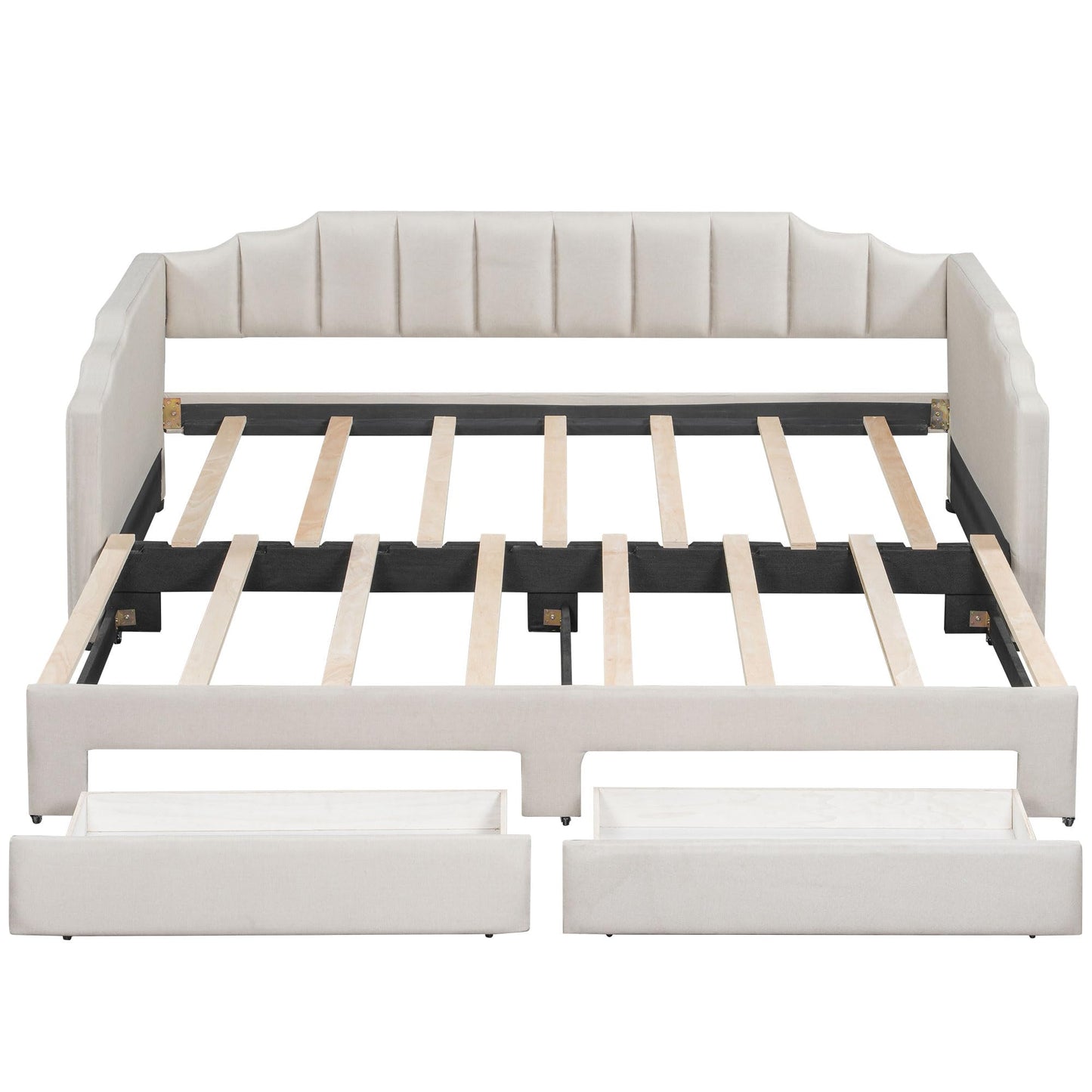 Bellemave Twin XL Size Daybed Frame with Pop up Trundle,Upholstered Day Bed with Two Storage Drawers and LED Light,Twin XL to King Daybed,Beige