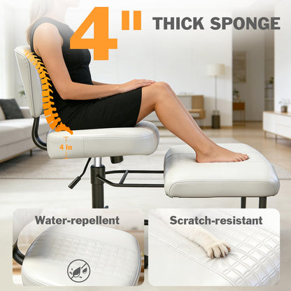DIDAINT Meditation Chair with Footrest, 360° Swivel Height Adjustable Criss Cross Chair, White PU Padded Wide Seat, Home Office Desk Chair for Reading, Yoga, Peaceful Living