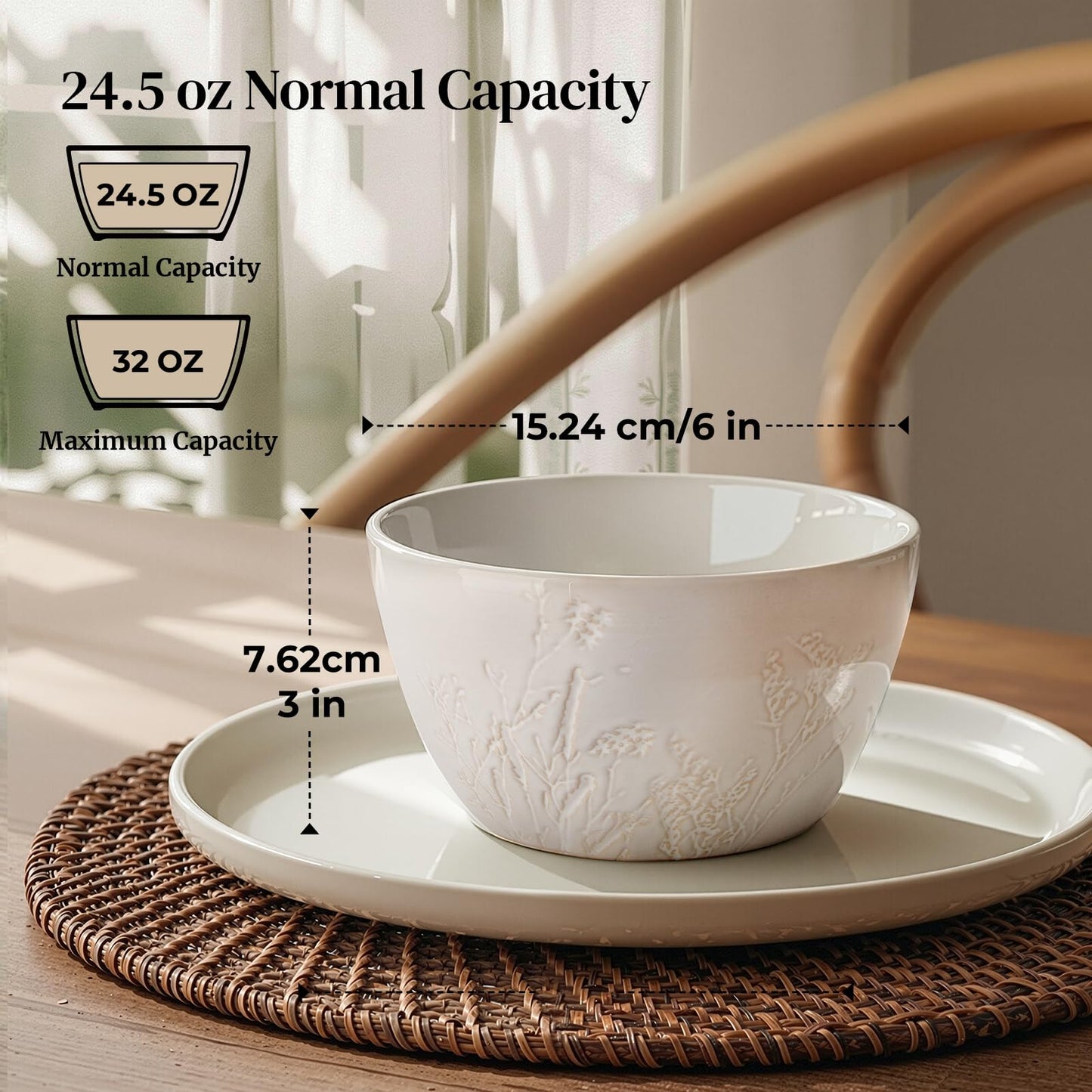 DOWAN 32 OZ Bowls, Soup Bowl Set of 4, Large Ceramic Bowls for Soup, Cereal, Pasta Bowls, Embossed Floral Design, Stackable, Microwave & Dishwasher Safe, for Ramen and Salad