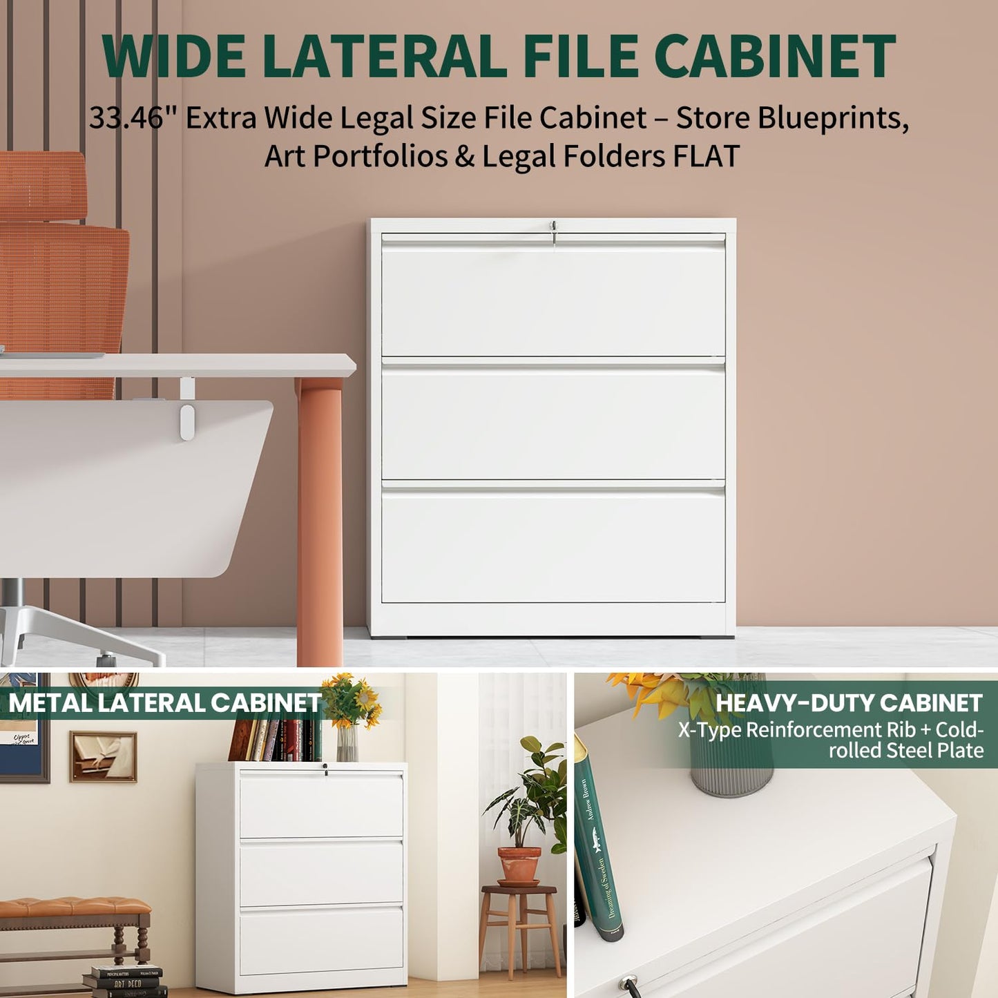 3 Drawer Lateral File Cabinet with Lock, Metal File Cabinets for Home Office, Office Furniture for Organization Hanging Legal/Letter/A4, Metal Filing Cabinet Storage Cabinet, Require Assembly, White
