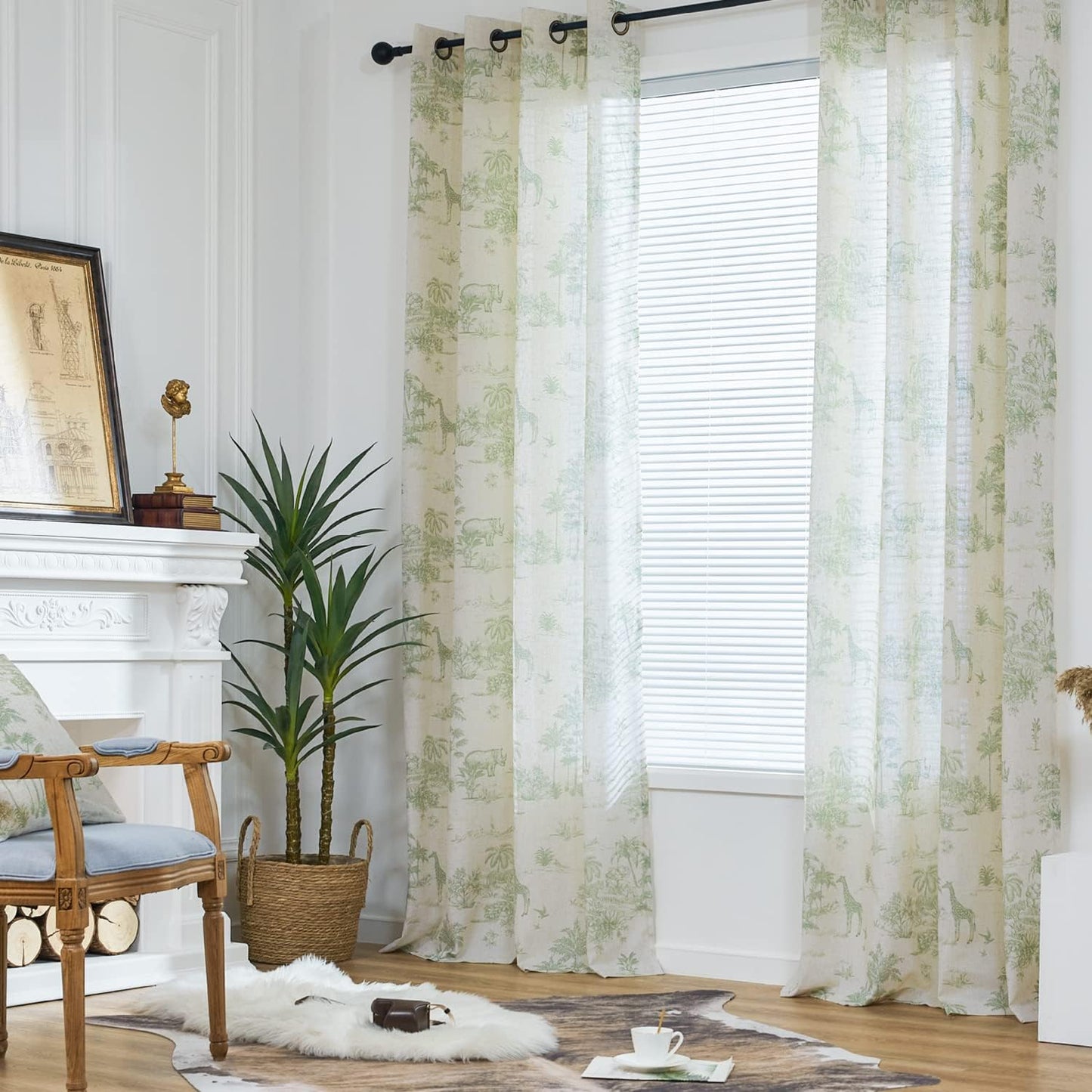 jinchan 63 Inches Country 2 Linen Toile Curtains Long for Living Room Toile de Jouy Floral Curtains French Farmhouse