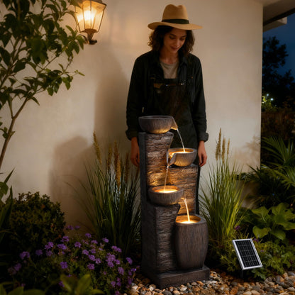 Pivotify 38.2" Tall Solar Powered Water Fountain for Outdoor,4 Tiers Modern Cascading Bowls and Stacked Stones Solar Fountains with LED Lights for Garden, Patio, Deck, Backyard and Home Art Decor