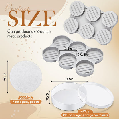 Reallnaive Mini Burger Press with 200 Patty Papers and 6 Storage Containers 6 Slots Meat Sausage Patty Maker Paper Sheets Set for Small Burger Barbecue, Make 6 Pieces at Once