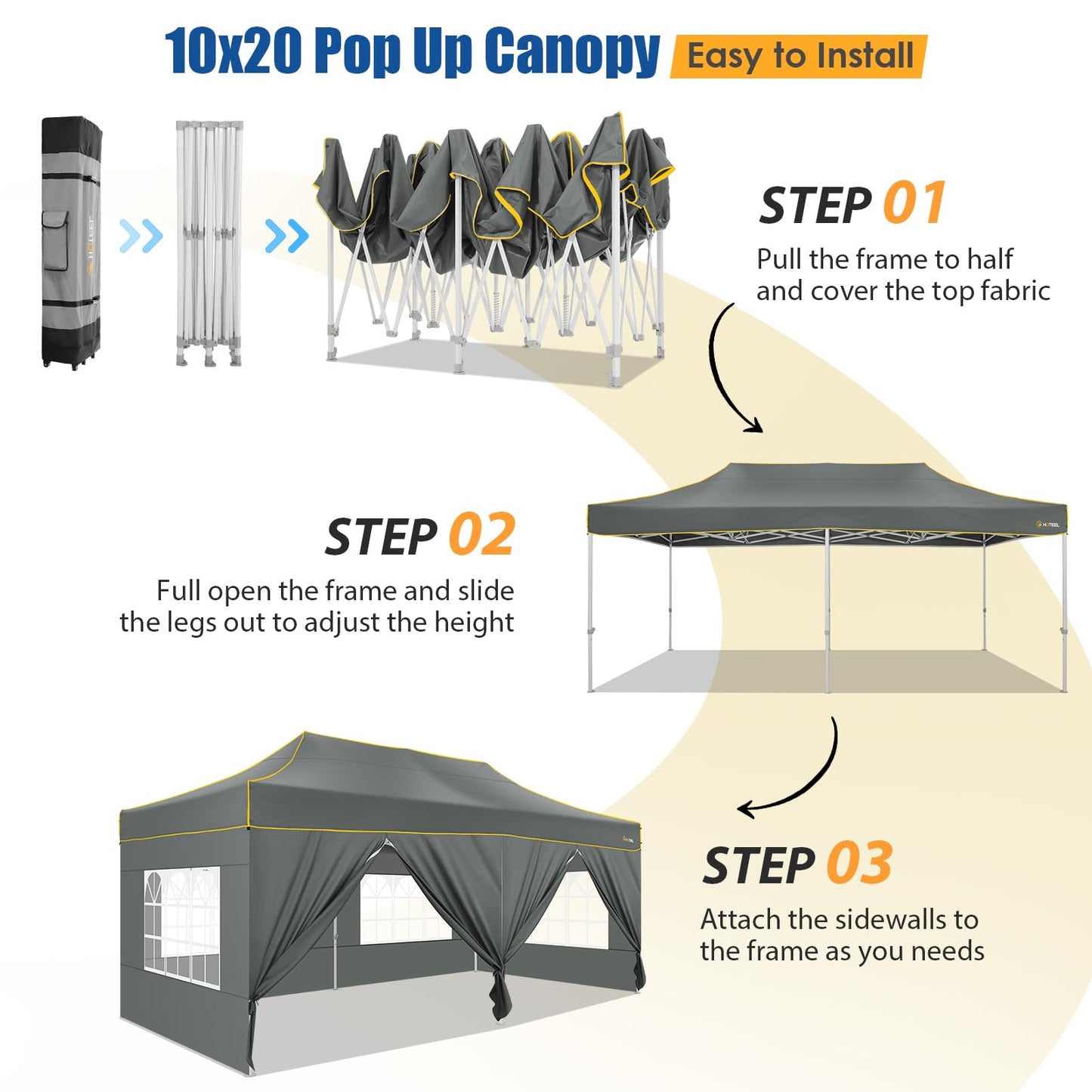 HOTEEL 10x20 Heavy Duty Pop up Canopy Tent with 6 Sidewalls, Easy Setup Outdoor Commercial Instant Gazebo for Parties Wedding Event, with Roller Bag & Sand Bags, Gray(Hexagonal Frame)