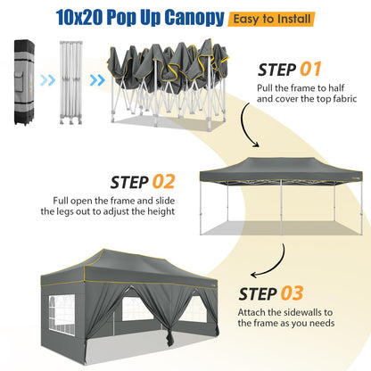 HOTEEL 10x20 Heavy Duty Pop up Canopy Tent with 6 Sidewalls, Easy Setup Outdoor Commercial Instant Gazebo for Parties Wedding Event, with Roller Bag & Sand Bags, Gray(Hexagonal Frame)