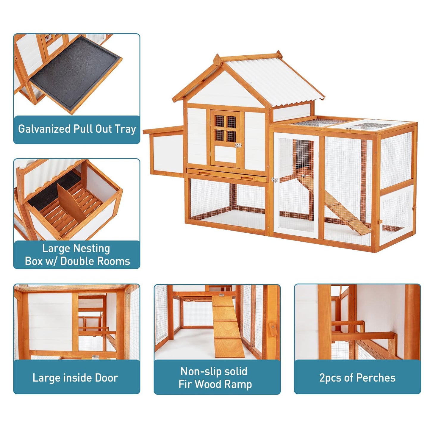 Chicken Coop Hen House Outdoor Poultry Cage with Large Nesting Box, 5 Lockable Doors Wooden Chicken House with Weatherproof Cover for Outdoor Backyard Farm, Orange