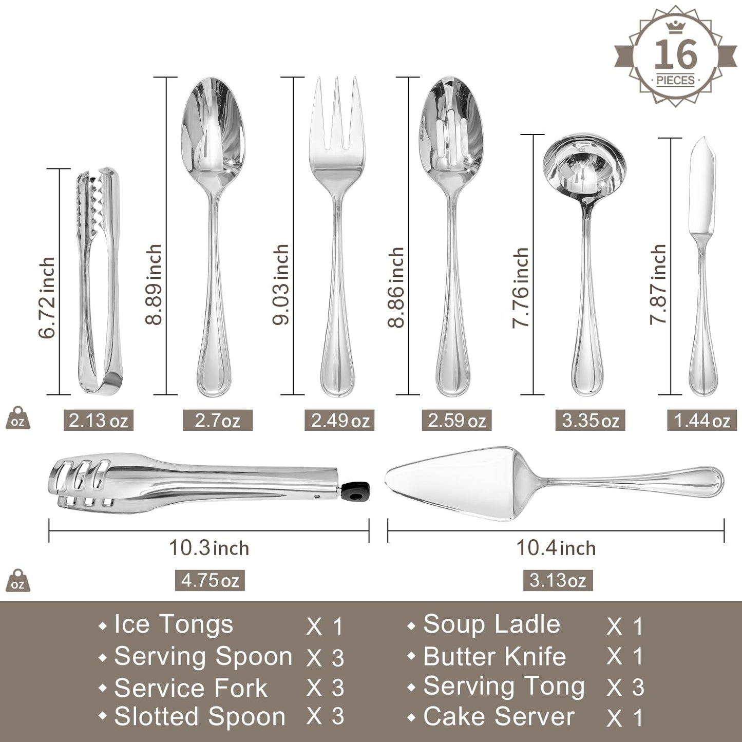KINGSTONE 16 Piece Teardrop Serving Utensils Set, 18/10 Stainless Steel Serving Utensils, Slotted Spoons, Forks, Tongs, Cake Server, Butter Knife for Buffet, Catering, Wedding, Party
