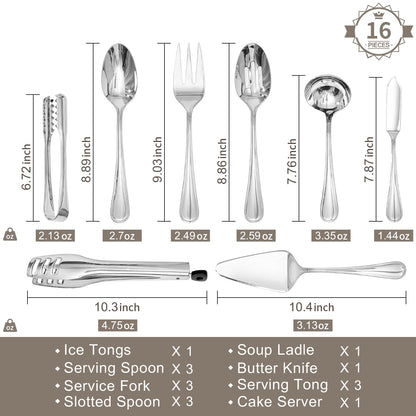KINGSTONE 16 Piece Teardrop Serving Utensils Set, 18/10 Stainless Steel Serving Utensils, Slotted Spoons, Forks, Tongs, Cake Server, Butter Knife for Buffet, Catering, Wedding, Party