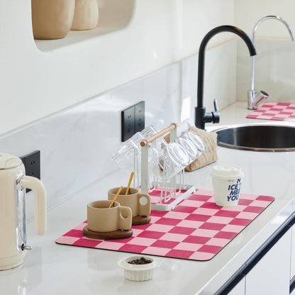 Ohocut Checkered Dish Drying Mat for Kitchen Counter, Coffee Bar Station Accessories, Retro Cute Girly Pink Aesthetic Modern Absorbent Drainer Mat Kitchen Drying Mat Easy Clean, Hot Pink 16" x 24"