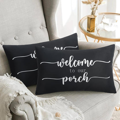 Welcome to Our Porch Outdoor Pillow Covers: Set of 2 Decorative 12x20 Covers for Porch and Patio Furniture.