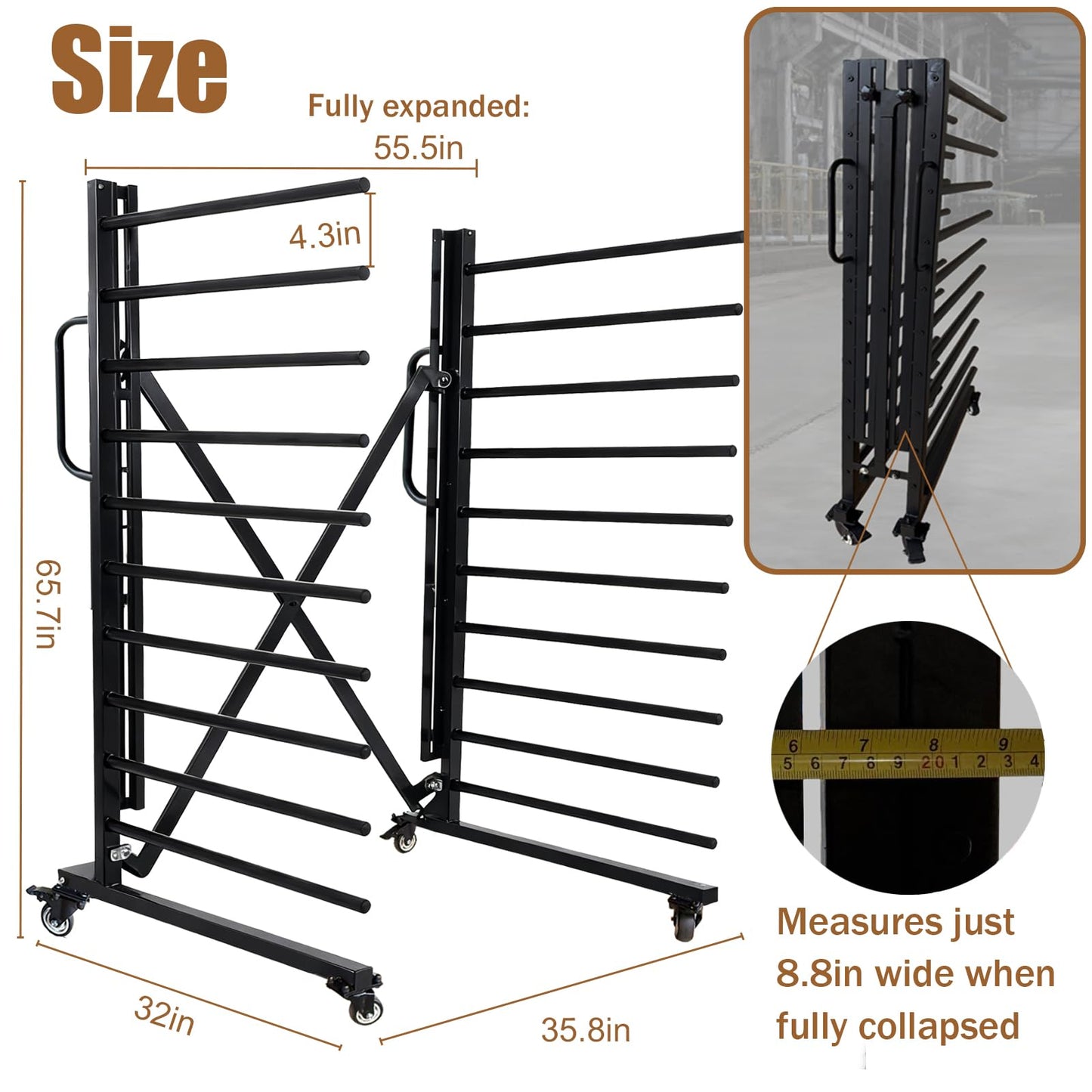 Heavy-Duty Metal Rolling Paint Rack, Expandable Woodworking Drying Rack, Staining & Curing Trim & Wood Panels for Cabinet Doors, Reinforced Steel Frame with 7.5" Casters, Paint Studios/Factory (Black)