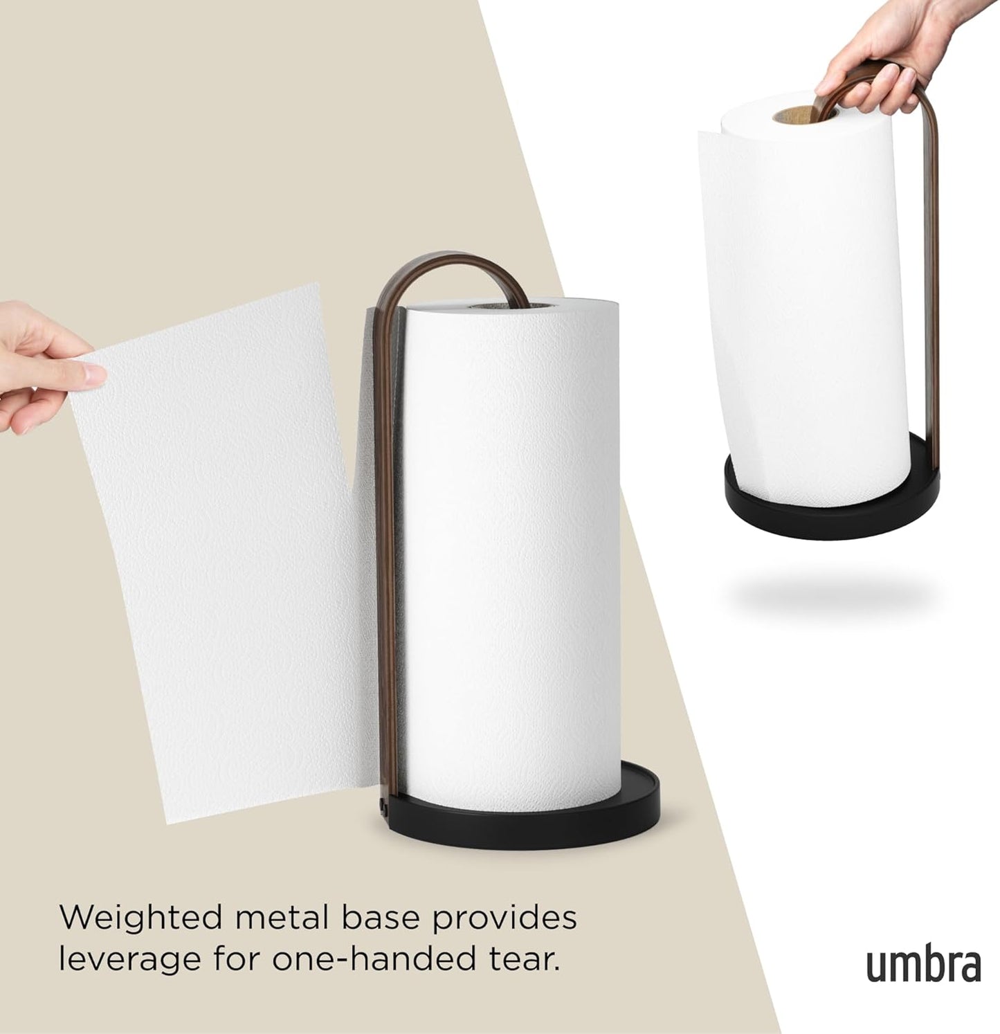 Countertop, Umbra Bellwood Paper Towel Holder for Kitchen with Real Wood Stand and Weighted Metal Base, Black/Walnut