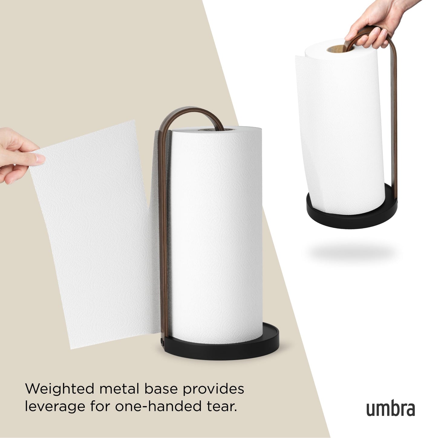 Umbra Bellwood Paper Towel Holder for Kitchen Countertop, with Real Wood Stand and Weighted Metal Base, Black/Walnut