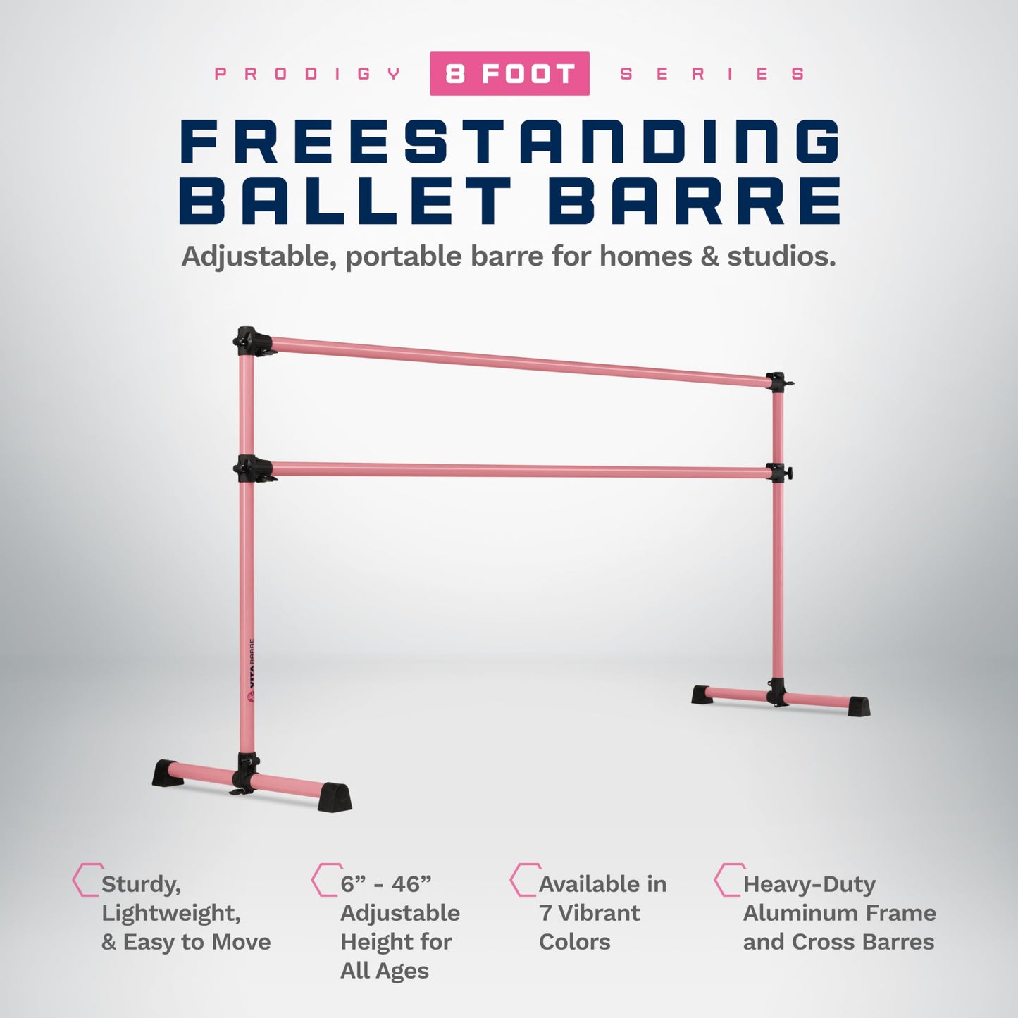 VITA Barre Portable Freestanding Double Ballet Barre, Prodigy, 8 Ft Bars, Light Pink | Adjustable Height, USA Made, Home or Gym Exercise Equipment for Kids & Adults | Dance, Fitness, Pilates