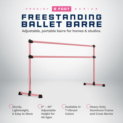VITA Barre Portable Freestanding Double Ballet Barre, Prodigy, 8 Ft Bars, Light Pink | Adjustable Height, USA Made, Home or Gym Exercise Equipment for Kids & Adults | Dance, Fitness, Pilates