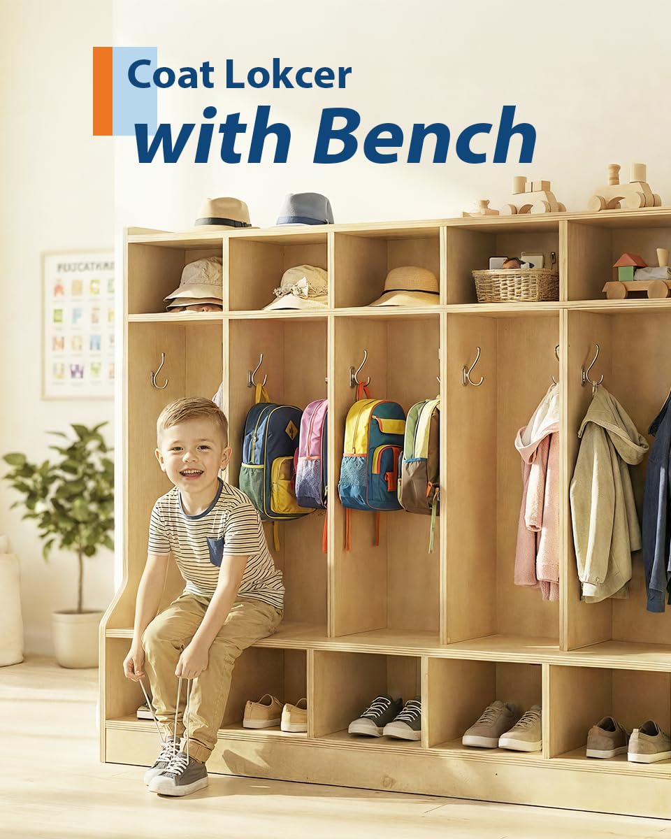 Garvee Kids Coat Locker with Bench for Classroom, Smooth Wood Surface 10 Cubbies, Daycare Cubby with 4 Hidden Casters & 10 Hooks, Cubby Storage Organizer for Nursery, Home, School