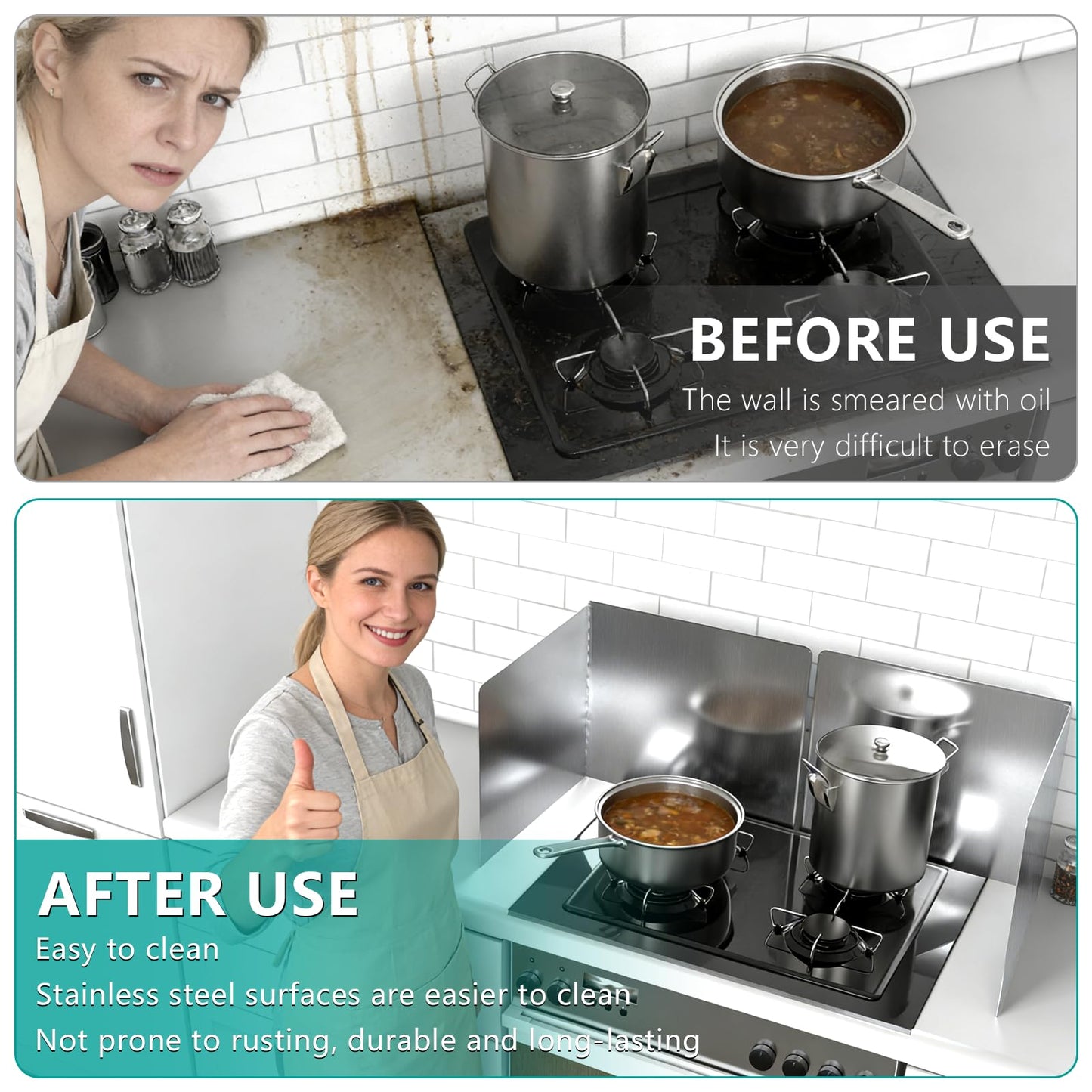 20"x20" Extra Large Kitchen Splash Back 2PCS, Heavy Duty Stainless Steel Foldable Stove Guard, Heat Resistant Easy Clean Oil Splatter Shield