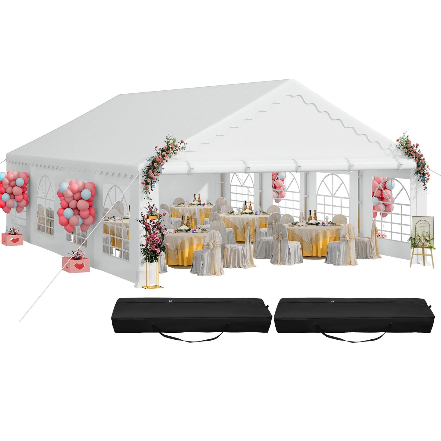 DWVO 20x30FT Heavy Duty Party PVC White Tent Wedding Event Shelters Upgraded Galvanized Ripple Canopy with Large Roof Removable Sidewalls & 2 Storage Bags