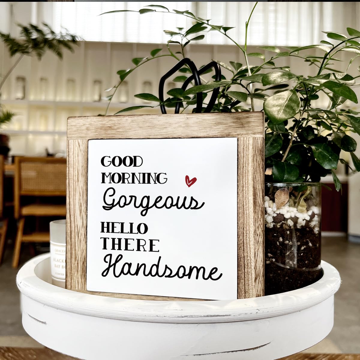 Farmhouse Table Decor, Funny Wood Sign, Decorative Wooden Signs and Plaques, Bathroom Decor, Rustic Home Decors, Good Morning Gorgeous Hello There Handsome Sign 5.9×5.9×0.7inches