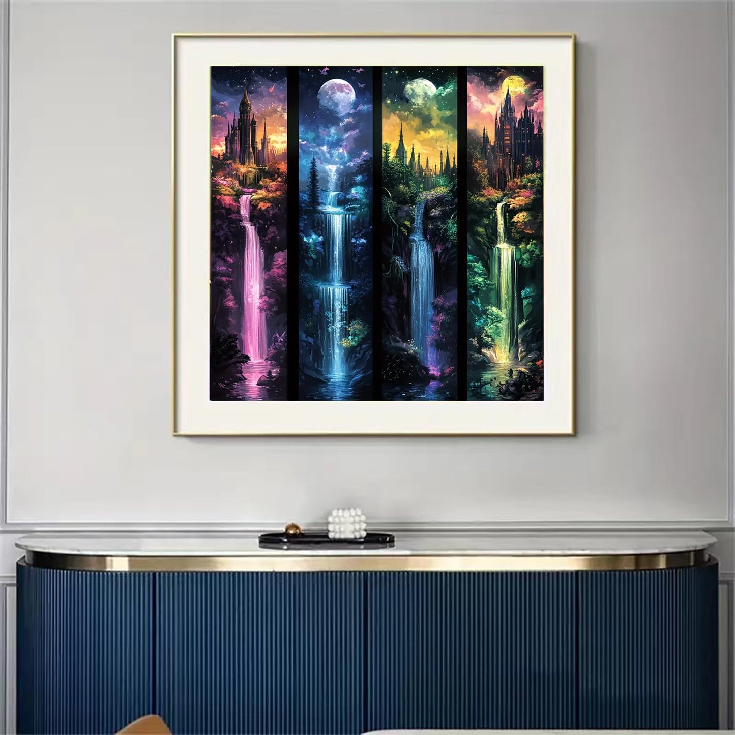 Moon With Castle Waterfall Diamond Painting Kits for Adults,5D Full Drill Mosaic Diamond Art Kits for Beginner, DIY Diamond Dots Paintings With Arts Craft For Adults Home Decor 13.8×13.8Inch