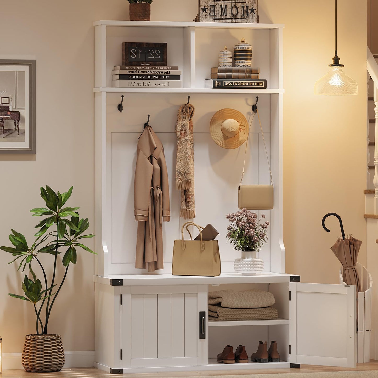 IDEALHOUSE 76" Hall Tree with Bench and Shoe Storage, Farmhouse 4-in-1 Entryway with Coat Rack & 5 Tri-Hooks, Adjustable Shelf, White Mudroom Bench with Storage Seating, Space Saving, White