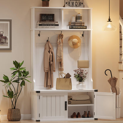 IDEALHOUSE 76" Hall Tree with Bench and Shoe Storage, Farmhouse 4-in-1 Entryway with Coat Rack & 5 Tri-Hooks, Adjustable Shelf, White Mudroom Bench with Storage Seating, Space Saving, White
