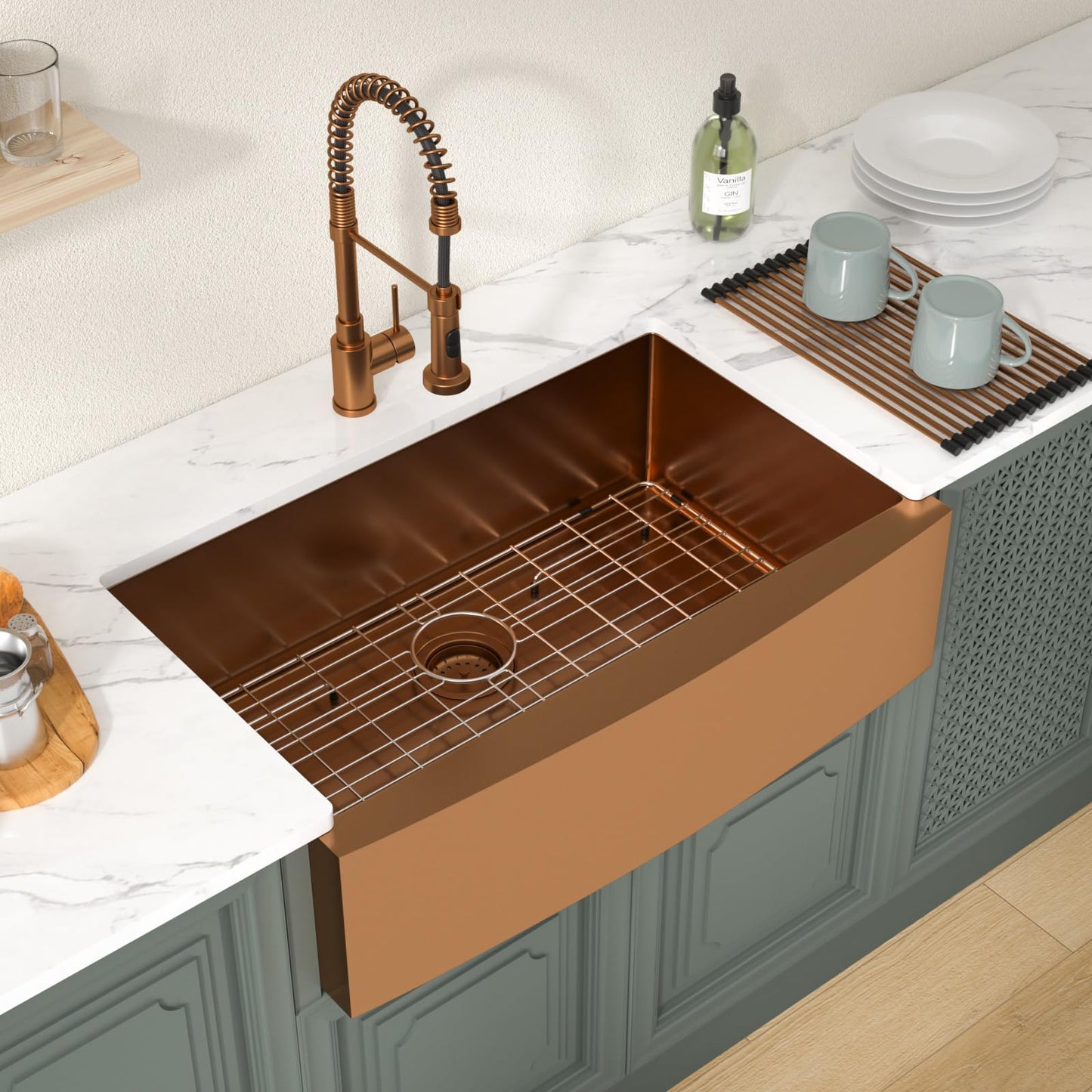 Lordear 33 inch Farmhouse Kitchen Sink Apron Front 16 Gauge Stainless Steel Copper Tone Bronze Deep Single Bowl Kitchen Farm Sink