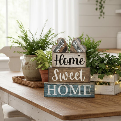 CroBlissful 4 Pcs Farmhouse Wooden Tabletop Decor Sweet Home Tiered Tray Decor Rustic Heart Shaped Centerpiece Farmhouse Block Sign Housewarming Gifts for Home Kitchen Table Shelf Mantel Decoration