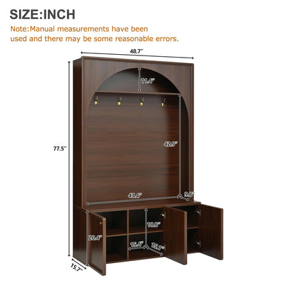 roomfitters Modern Arched Entryway Hall Tree with 3 Storage Cabinets, Upper Shelf and Coat Hooks for Mudroom, Walnut