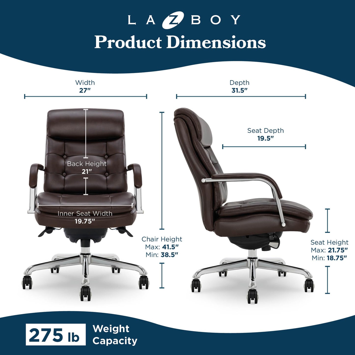 La-Z-Boy Sonata Executive Mid-Back Office Chair, Button-Tufted Seat and Back, Double-Layer Cushion, Padded Armrests, Ergonomic Computer DeskChair, Swivel Metal Base, Bonded Leather, Dark Brown/Chrome