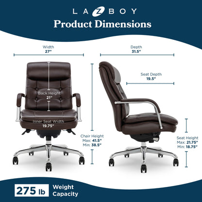 La-Z-Boy Sonata Executive Mid-Back Office Chair, Button-Tufted Seat and Back, Double-Layer Cushion, Padded Armrests, Ergonomic Computer DeskChair, Swivel Metal Base, Bonded Leather, Dark Brown/Chrome
